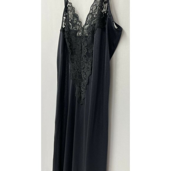 Vintage ILGWU Black Slip Lace Shiny Long Spaghetti Straps Nightie Medium - Picture 4 of 10
